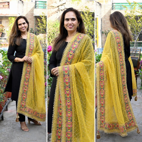 Yellow Organza Dupatta with Gold Beads, Sequins, Embroidery (2.5 Yard)