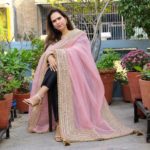 Embroidered Silk Tissue Organza Dupatta: Pink Gold Bridal Wedding Veil Scarf
