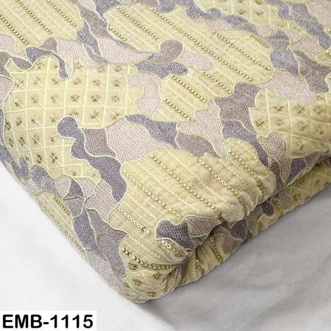 Light Yellow Embroidered Velvet Fabric by the Yard, Indian Craft Sewing Material (1 Yard)