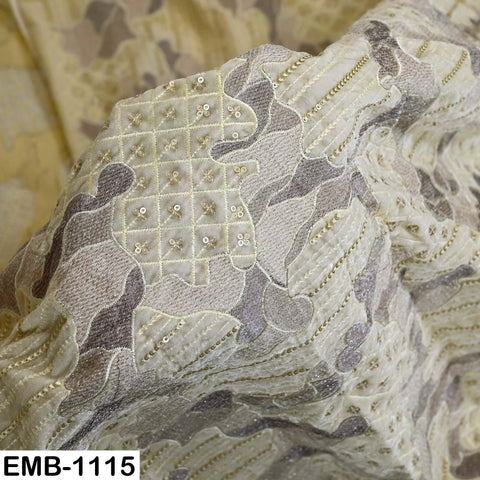 Light Yellow Embroidered Velvet Fabric by the Yard, Indian Craft Sewing Material (1 Yard)