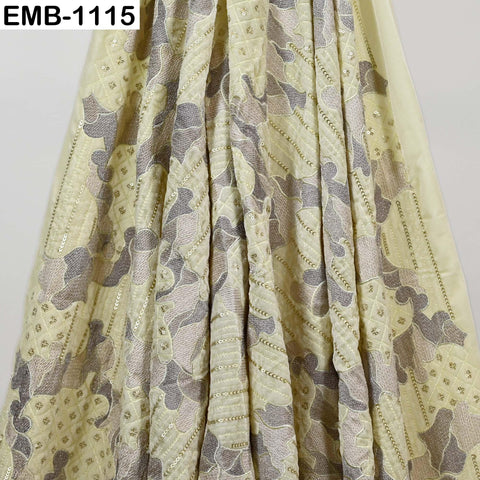 Light Yellow Embroidered Velvet Fabric by the Yard, Indian Craft Sewing Material (1 Yard)