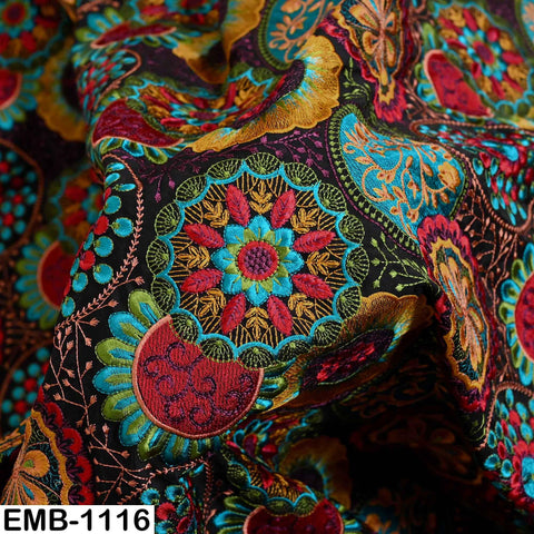 Multicolor Indian Embroidered Viscose Fabric by the Yard (1 Yard) Mandala Pattern: 56 inches