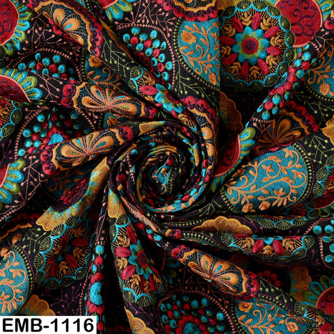 Multicolor Indian Embroidered Viscose Fabric by the Yard (1 Yard) Mandala Pattern: 56 inches