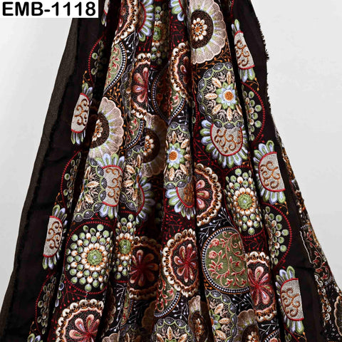 Multicolor Indian Embroidered Viscose Fabric, 56" Wide, Mandala Pattern, 1 Yard