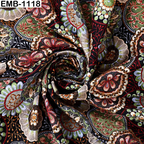 Multicolor Indian Embroidered Viscose Fabric, 56" Wide, Mandala Pattern, 1 Yard