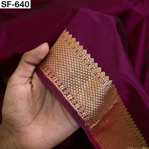 Pure Silk Brocade Fabric by Yard, Wine Gold Zari Border, Wedding Costume Home Decor