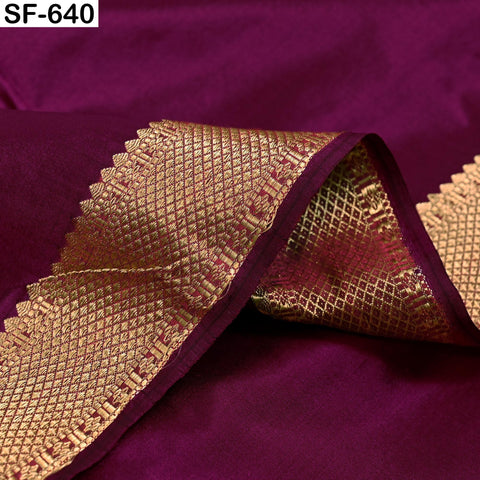 Pure Silk Brocade Fabric by Yard, Wine Gold Zari Border, Wedding Costume Home Decor