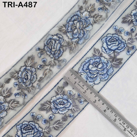 Blue Roses Embroidery Ribbon: Floral Sari Border Trims Lace (55mm Wide) 1 Meter