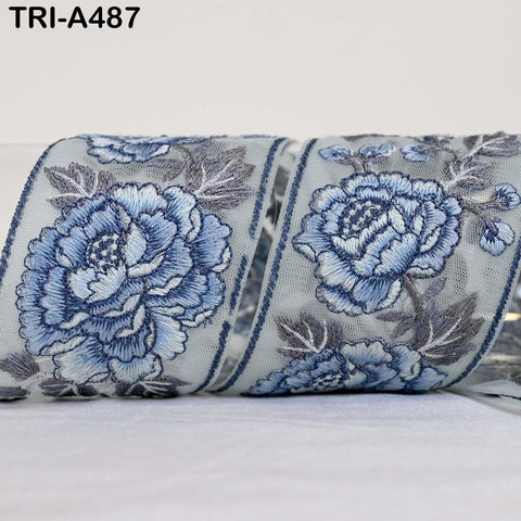 Blue Roses Embroidery Ribbon: Floral Sari Border Trims Lace (55mm Wide) 1 Meter
