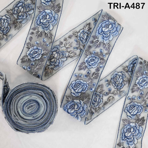 Blue Roses Embroidery Ribbon: Floral Sari Border Trims Lace (55mm Wide) 1 Meter