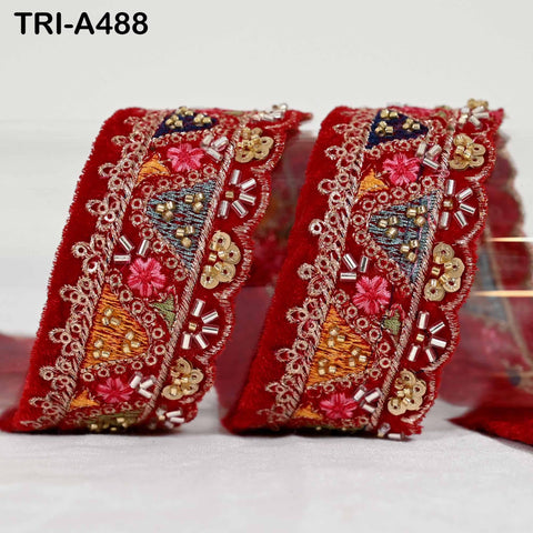 Red Indian Embroidery Velvet Ribbon Trim Lace: Beaded Sari Border 1 Meter (1.8 inch)