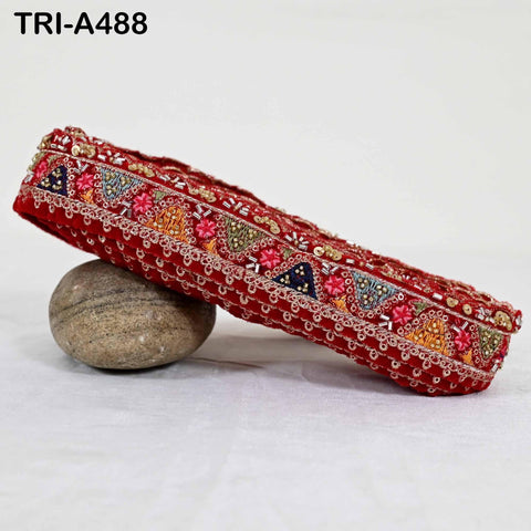 Red Indian Embroidery Velvet Ribbon Trim Lace: Beaded Sari Border 1 Meter (1.8 inch)