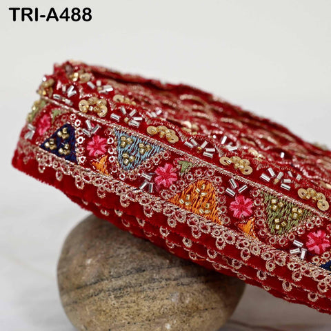 Red Indian Embroidery Velvet Ribbon Trim Lace: Beaded Sari Border 1 Meter (1.8 inch)