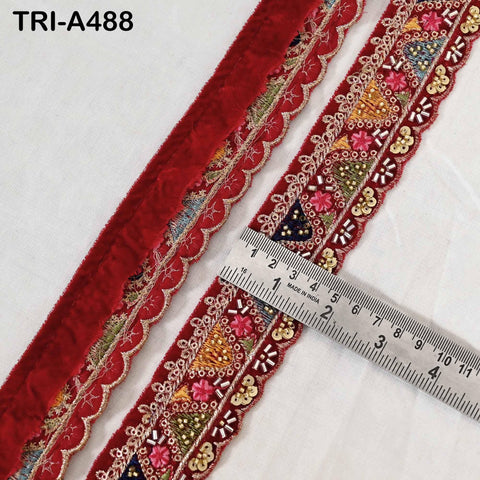 Red Indian Embroidery Velvet Ribbon Trim Lace: Beaded Sari Border 1 Meter (1.8 inch)