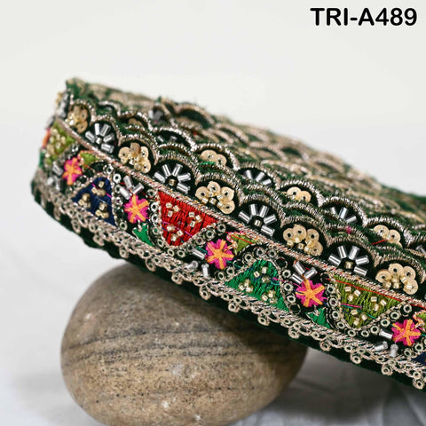 Bottle Green Embroidered Velvet Ribbon Trim: Beaded Sari Border (1.8 inch)