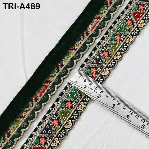 Bottle Green Embroidered Velvet Ribbon Trim: Beaded Sari Border (1.8 inch)