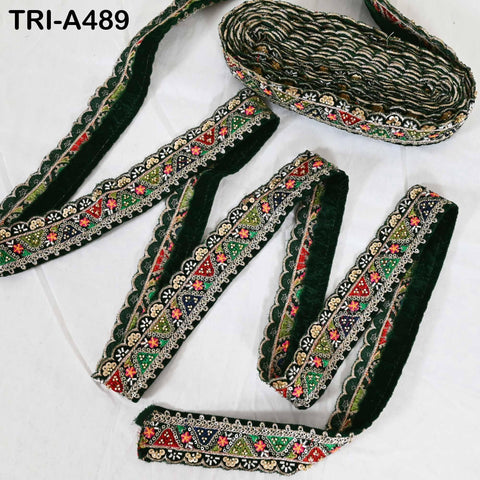 Bottle Green Embroidered Velvet Ribbon Trim: Beaded Sari Border (1.8 inch)