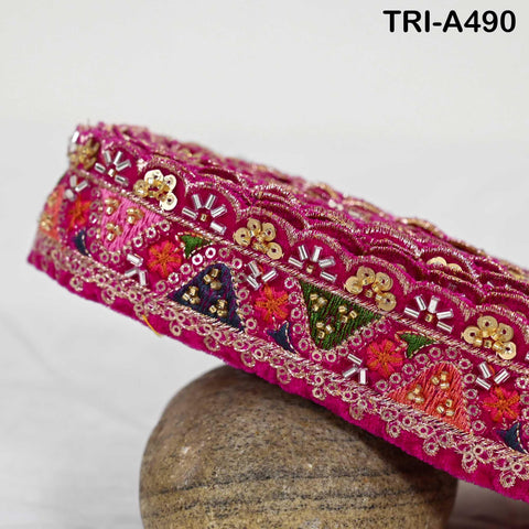 Magenta Embroidered Velvet Ribbon Trim: Beaded Sari Border (1.8 inch)