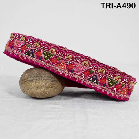 Magenta Embroidered Velvet Ribbon Trim: Beaded Sari Border (1.8 inch)