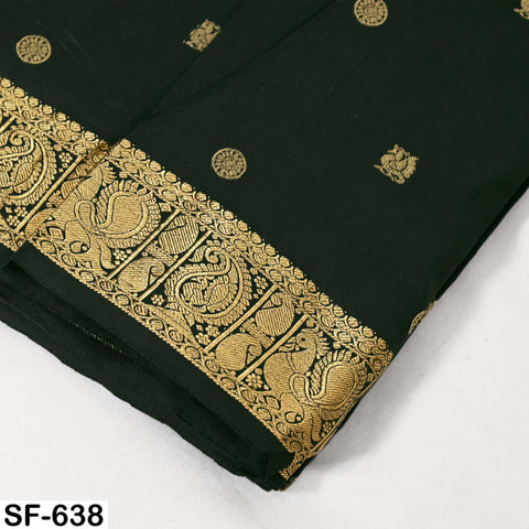 Pure Silk Brocade Fabric by Yard, Two-Tone Dark Green and Black Gold Zari Border, Wedding Costume Home Decor