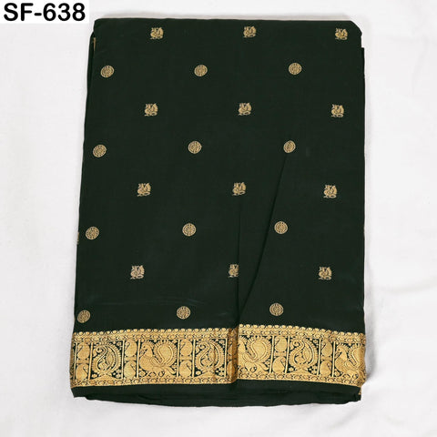 Pure Silk Brocade Fabric by Yard, Two-Tone Dark Green and Black Gold Zari Border, Wedding Costume Home Decor