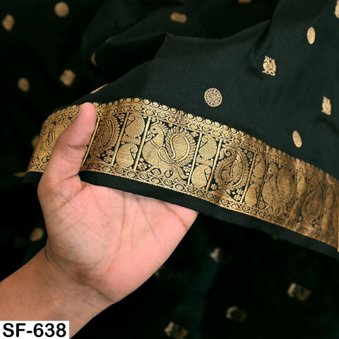Pure Silk Brocade Fabric by Yard, Two-Tone Dark Green and Black Gold Zari Border, Wedding Costume Home Decor