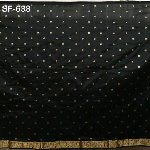 Pure Silk Brocade Fabric by Yard, Two-Tone Dark Green and Black Gold Zari Border, Wedding Costume Home Decor