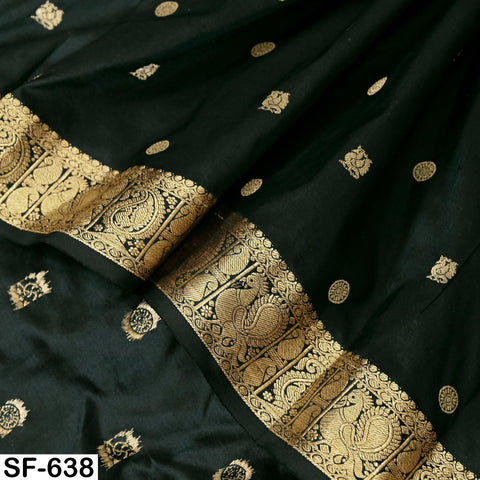 Pure Silk Brocade Fabric by Yard, Two-Tone Dark Green and Black Gold Zari Border, Wedding Costume Home Decor
