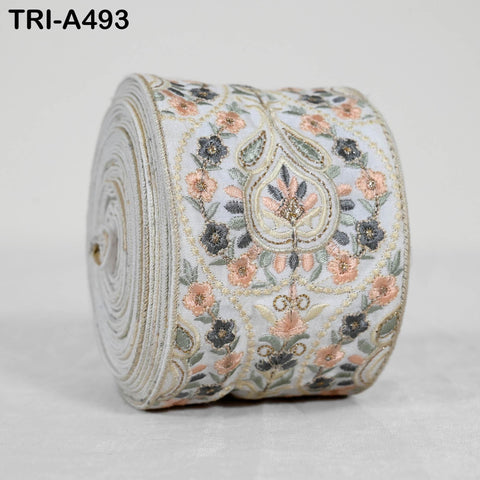 Embroidered Floral Viscose Ribbon, Indian Sari Border Trim (9cm x 1M)