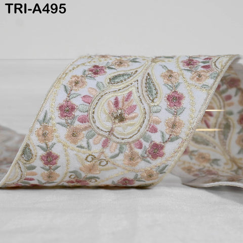 Embroidered Floral Viscose Ribbon, Indian Sari Border Trim (9cm x 1M)