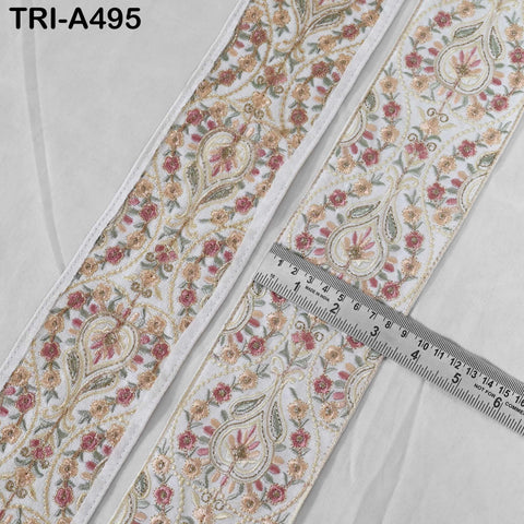 Embroidered Floral Viscose Ribbon, Indian Sari Border Trim (9cm x 1M)