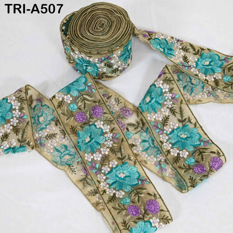 Sari Border Trim, Embroidered Green Ribbon, Viscose Tulle | 8cm Wide, 1 Meter Length | For Costumes and Home Decor
