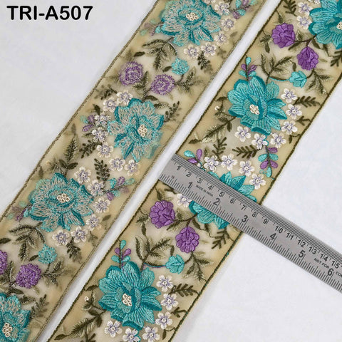 Sari Border Trim, Embroidered Green Ribbon, Viscose Tulle | 8cm Wide, 1 Meter Length | For Costumes and Home Decor