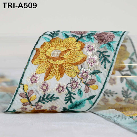 Yellow Embroidered Viscose Tulle Trim, Floral Sari Border, 8cm Wide (1 Meter)