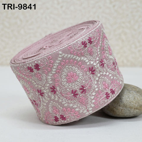 Embroidered Saree Border Trim: Pink Floral Visose Fabric (1 Meter)