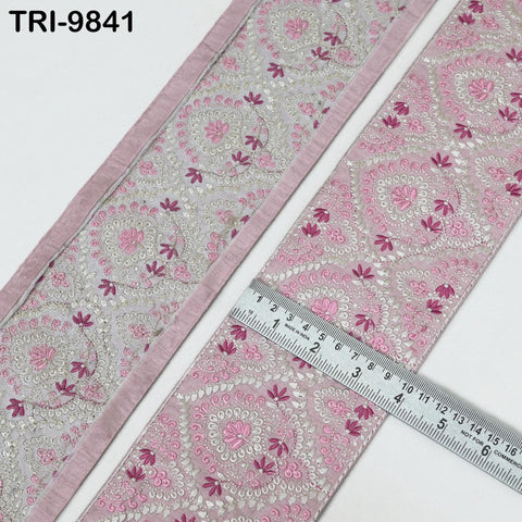 Embroidered Saree Border Trim: Pink Floral Visose Fabric (1 Meter)