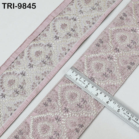 Embroidered Saree Border Trim: Mauve Floral Viscose Fabric (1 Meter)