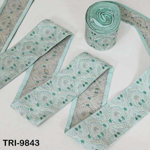 Embroidered Saree Border Trim: Ice Green Floral Viscose Fabric (1 Meter)