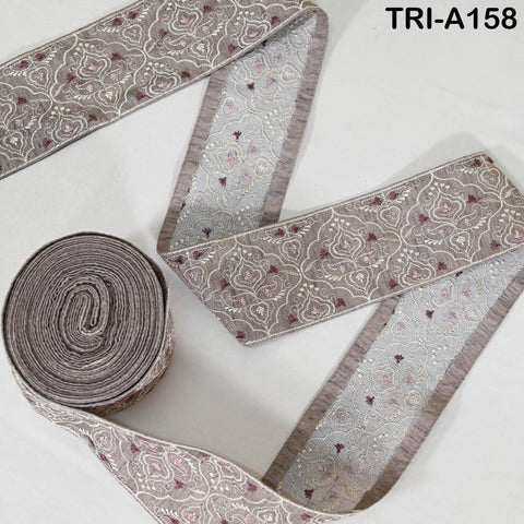 Embroidered Viscose Sari Border Trim, Brownish Grey, 8cm Wide (1 Meter)