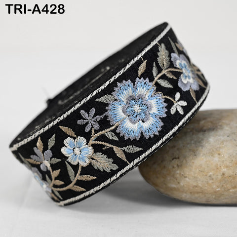 9-Yard Embroidered Ribbon: Floral Blue, Grey, Brown, Ivory (Wholesale)