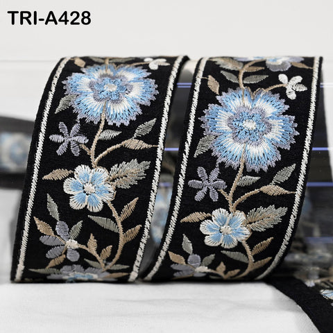 9-Yard Embroidered Ribbon: Floral Blue, Grey, Brown, Ivory (Wholesale)