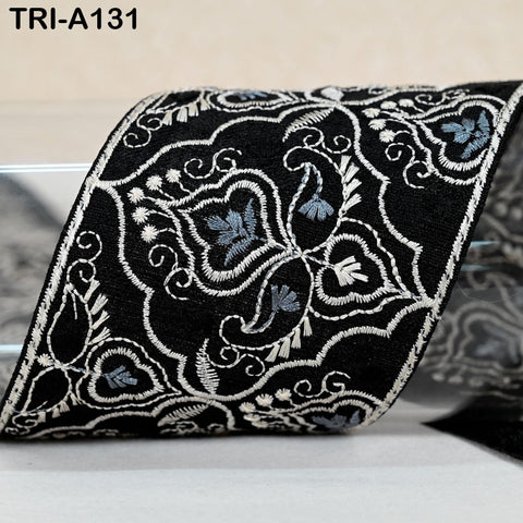 Embroidered Viscose Sari Border Trim, Black 8cm Wide (1 Meter)