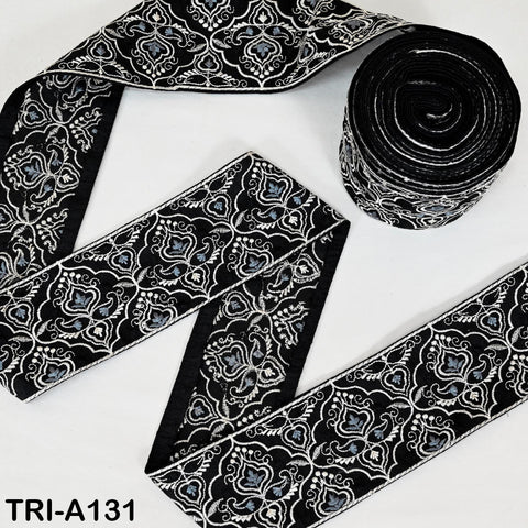 Embroidered Viscose Sari Border Trim, Black 8cm Wide (1 Meter)