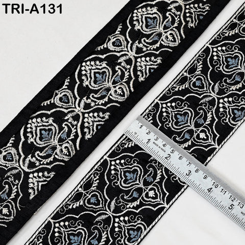 Embroidered Viscose Sari Border Trim, Black 8cm Wide (1 Meter)