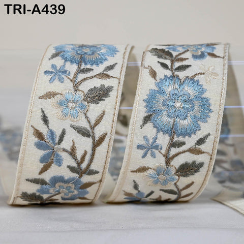 9-Yard Embroidered Ribbon: Floral Blue, Grey, Brown, Ivory (Wholesale)