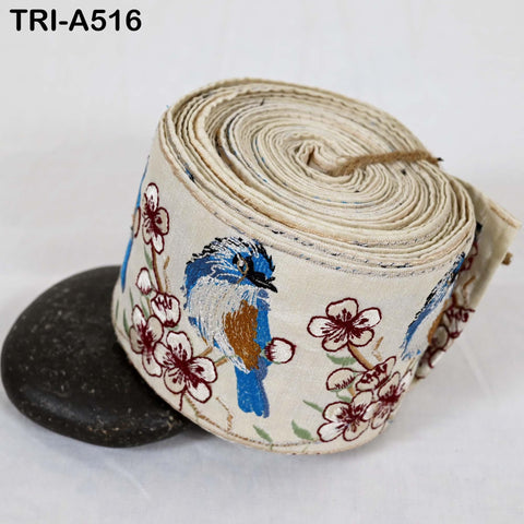 Ivory Embroidered Kingfisher Sari Border Trim 1 Meter