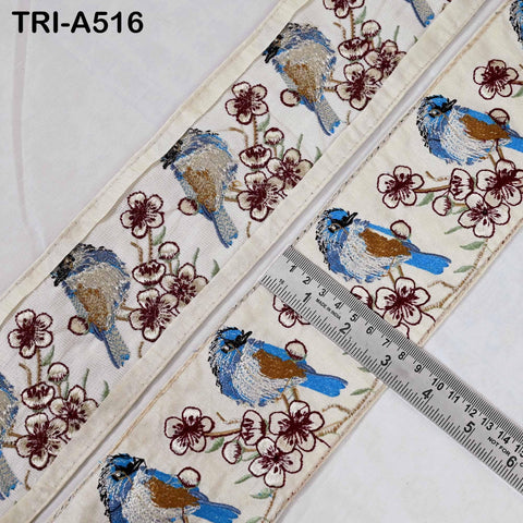 Ivory Embroidered Kingfisher Sari Border Trim 1 Meter