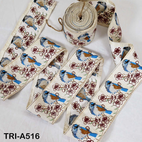 Ivory Embroidered Kingfisher Sari Border Trim 1 Meter