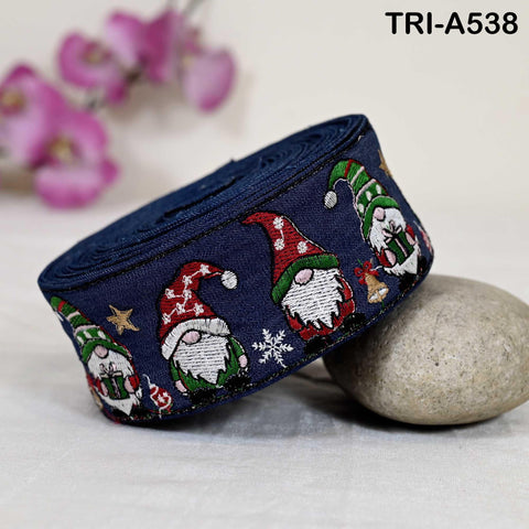 Embroidered Santa Claus Trim, Denim Fabric Border, 2 in Wide (1 Meter)