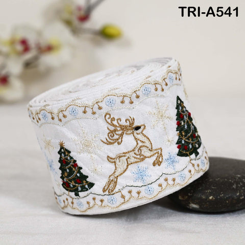 Embroidered Ribbon, Reindeer Holiday Trim Border | Viscose Fabric | 3 inches Wide, White, 1 Meter